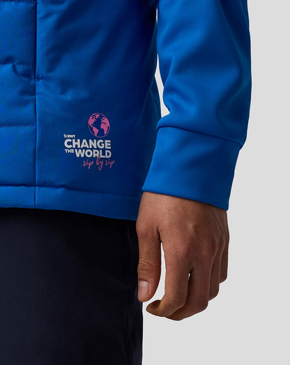 Blue BWT Alpine unisex gilet close-up showing the Change the World logo on the lower front panel and a zip side pocket.