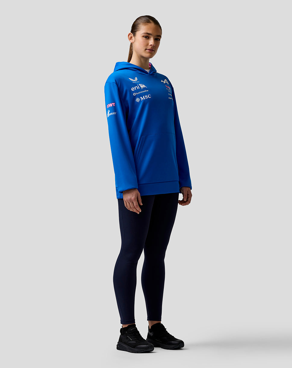 Person wearing a blue hoodie with sponsor logos on a white background