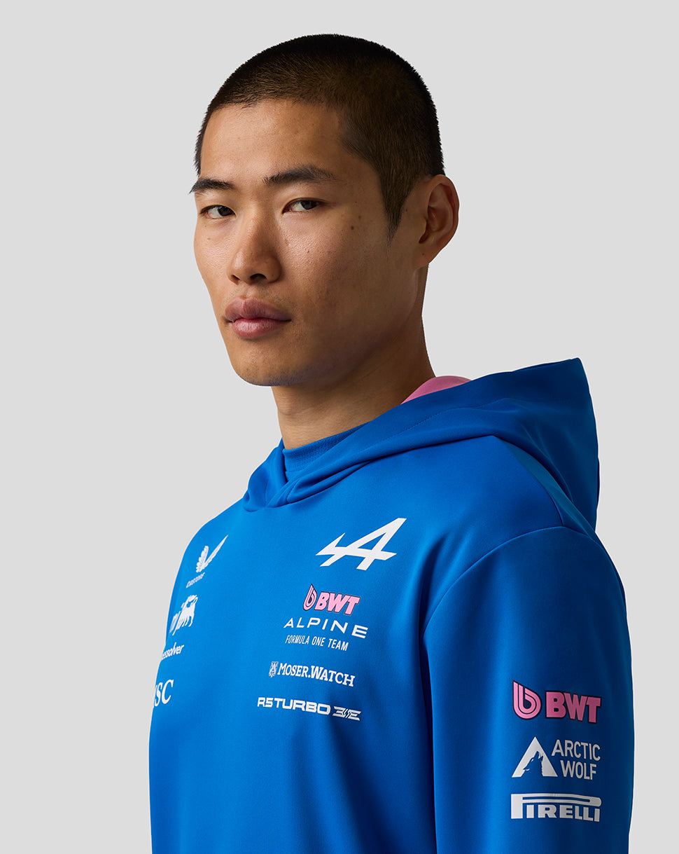 Person wearing a blue hoodie with various logos on a gray background