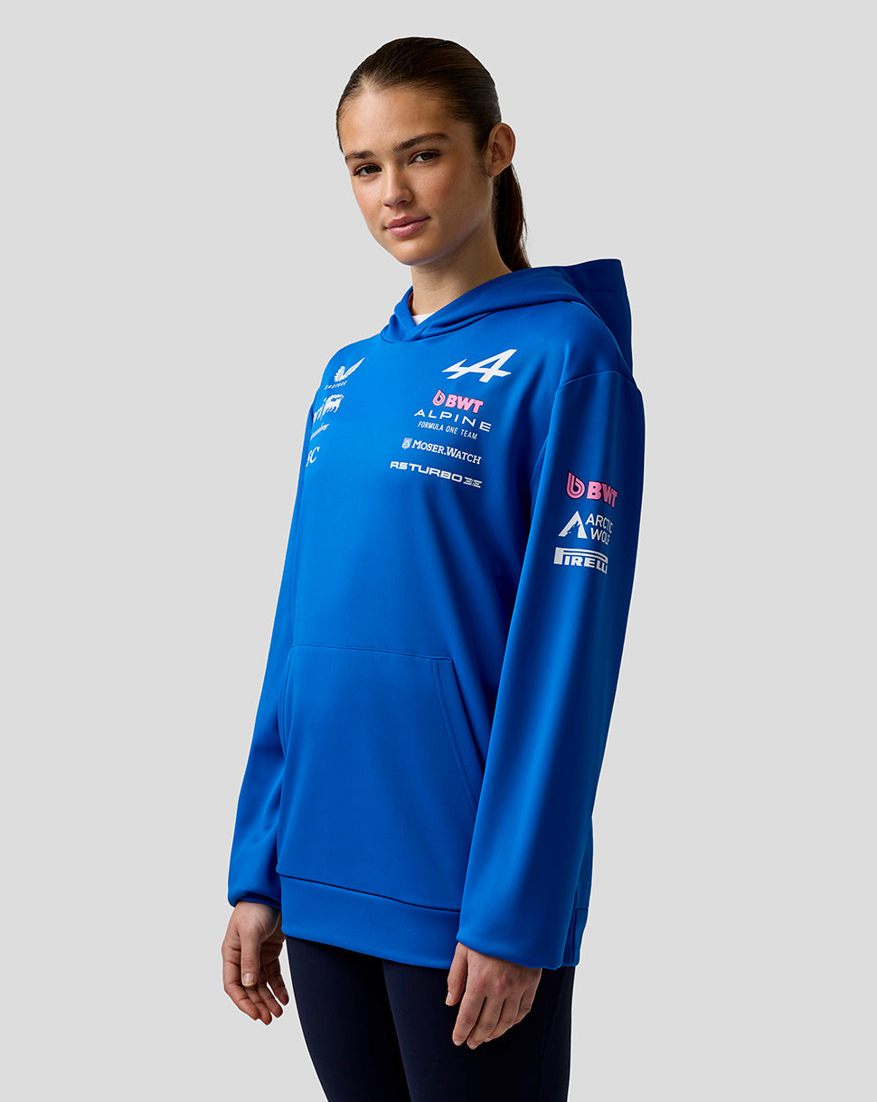 Person wearing a blue hoodie with branding on a gray background