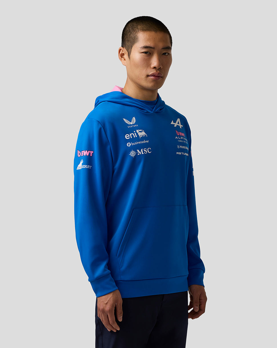 Person wearing a blue hoodie with various logos on a light gray background