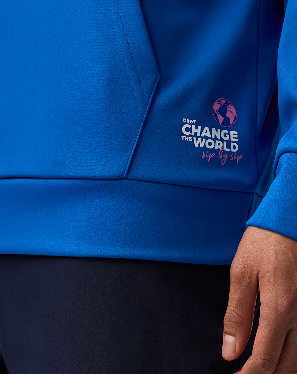 Blue jacket with a logo and text on the chest