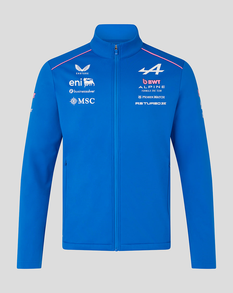 Blue unisex BWT Alpine Formula One Team Soft Shell Jacket with funnel neckline and front zip, logo emblems on chest and sleeve