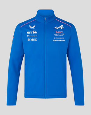 Blue unisex BWT Alpine Formula One Team Soft Shell Jacket with funnel neckline and front zip, logo emblems on chest and sleeve