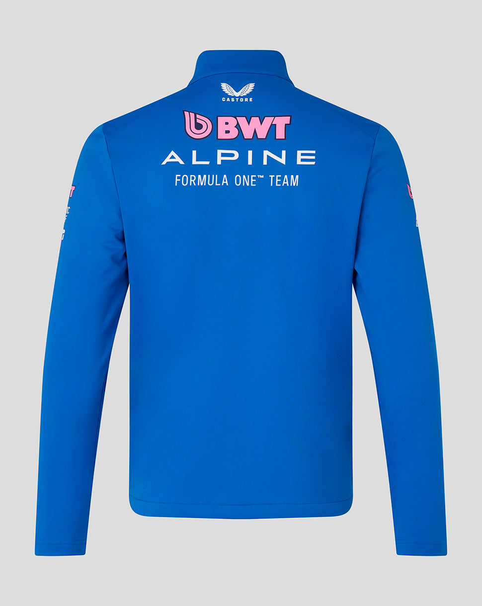 Back view of bright blue BWT Alpine Formula One Team Soft Shell Jacket with large white branding across the upper back.