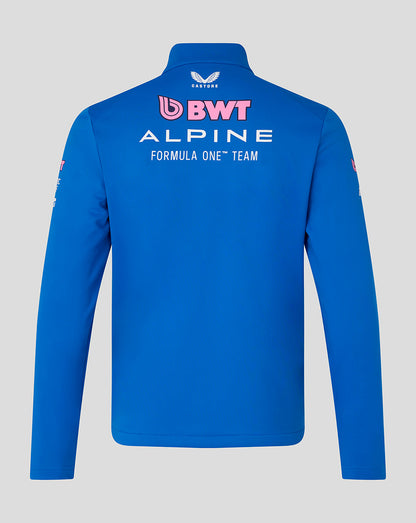 Back view of bright blue BWT Alpine Formula One Team Soft Shell Jacket with large white branding across the upper back.