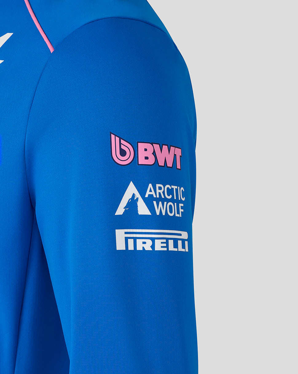 Close up of blue jacket sleeve with BWT logo and Arctic Wolf branding visible.