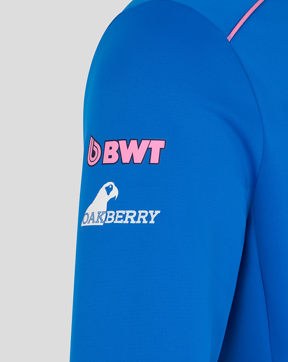 Blue jacket sleeve with pink BWT logo and Oakberry branding on the sleeve