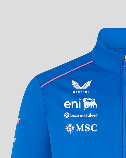 Blue BWT Alpine soft shell jacket close up of chest logos and pink piping along shoulder with front zip