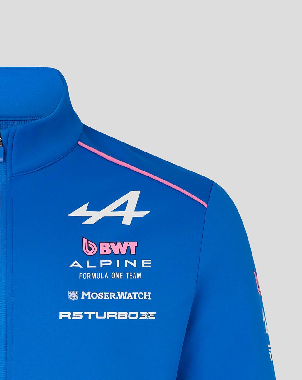 Blue BWT Alpine Formula One Team jacket chest area with large number 14 graphic and sponsor logos