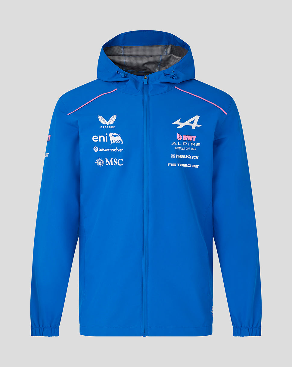 Blue jacket with multiple brand logos on a gray background