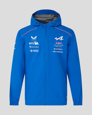 Blue jacket with multiple brand logos on a gray background