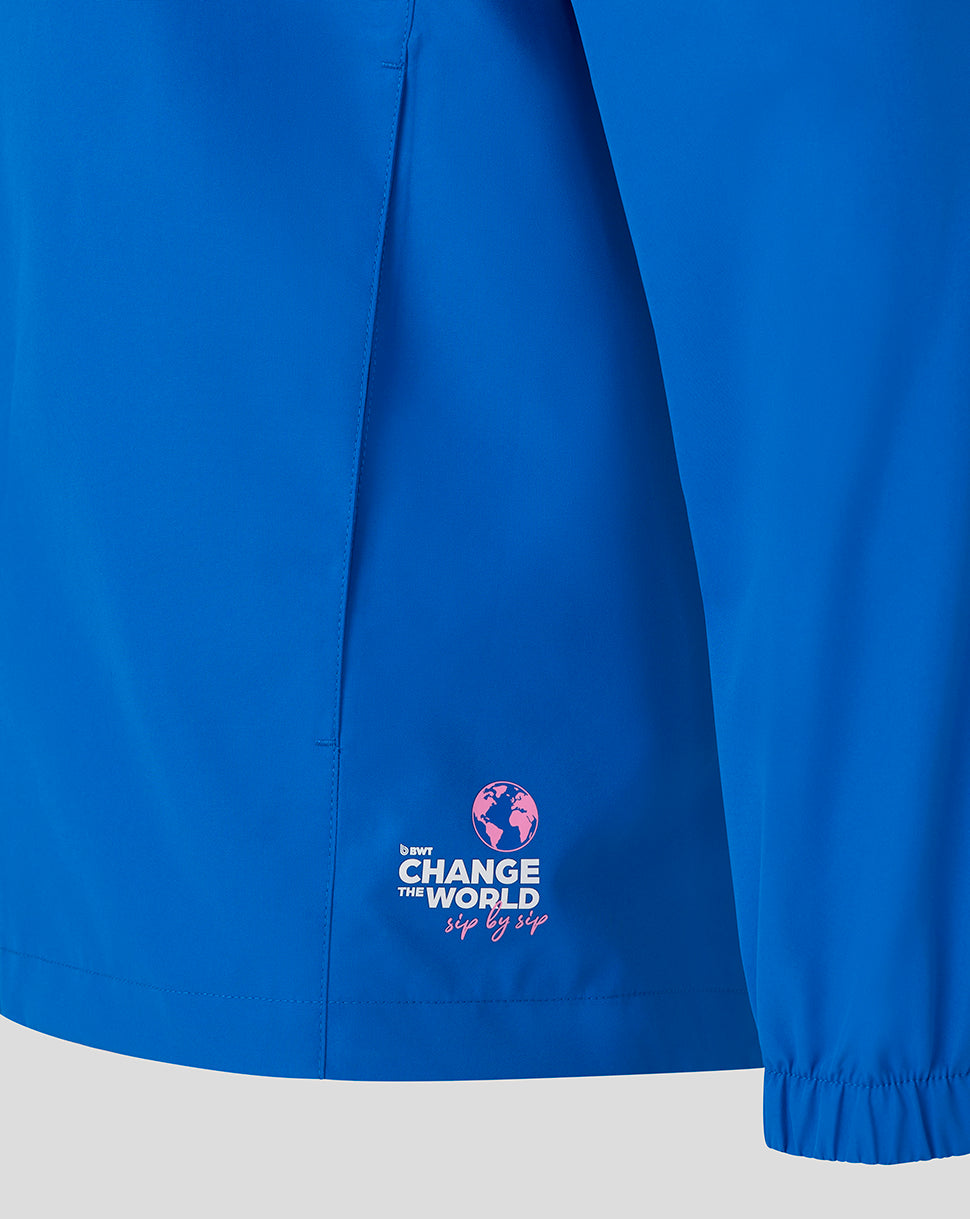 Blue jacket with a logo and text on the chest