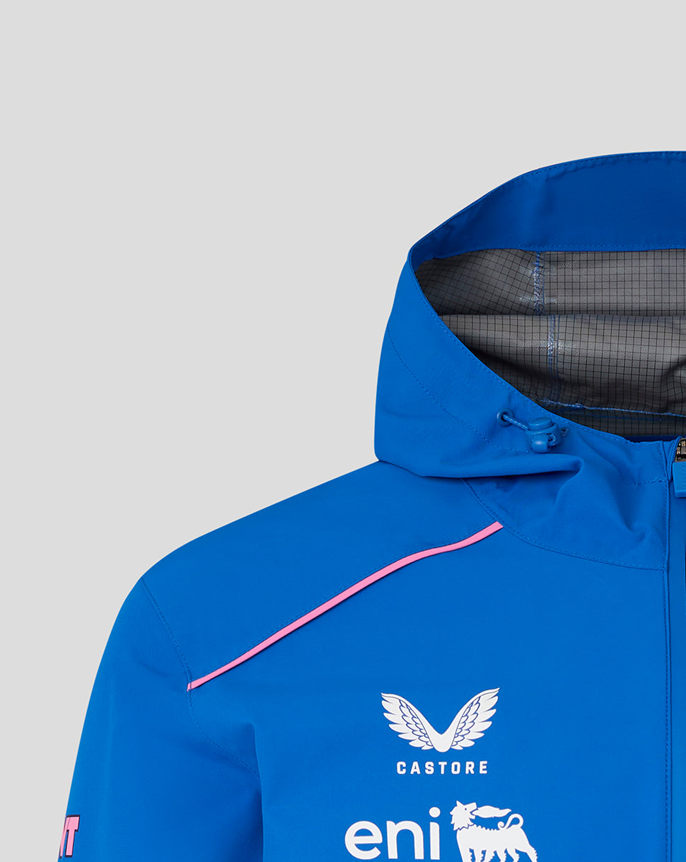 Blue jacket with visible branding on a gray background