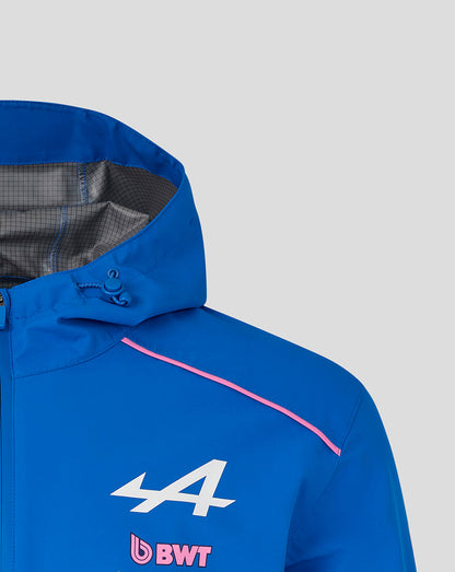 Blue jacket with a logo and brand name on a gray background