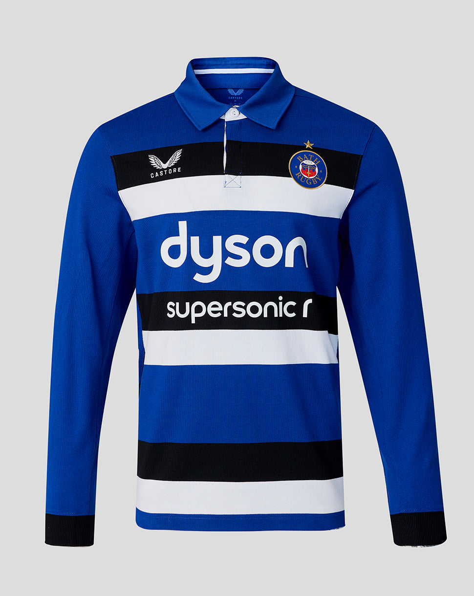 Blue sports jersey with visible branding on a gray background