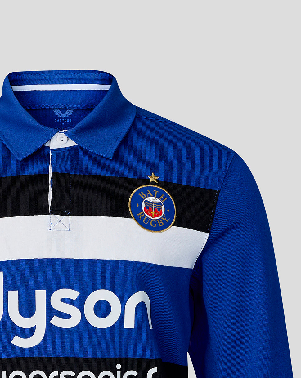 Blue rugby jersey with a logo and 'Dyson' branding on a gray background