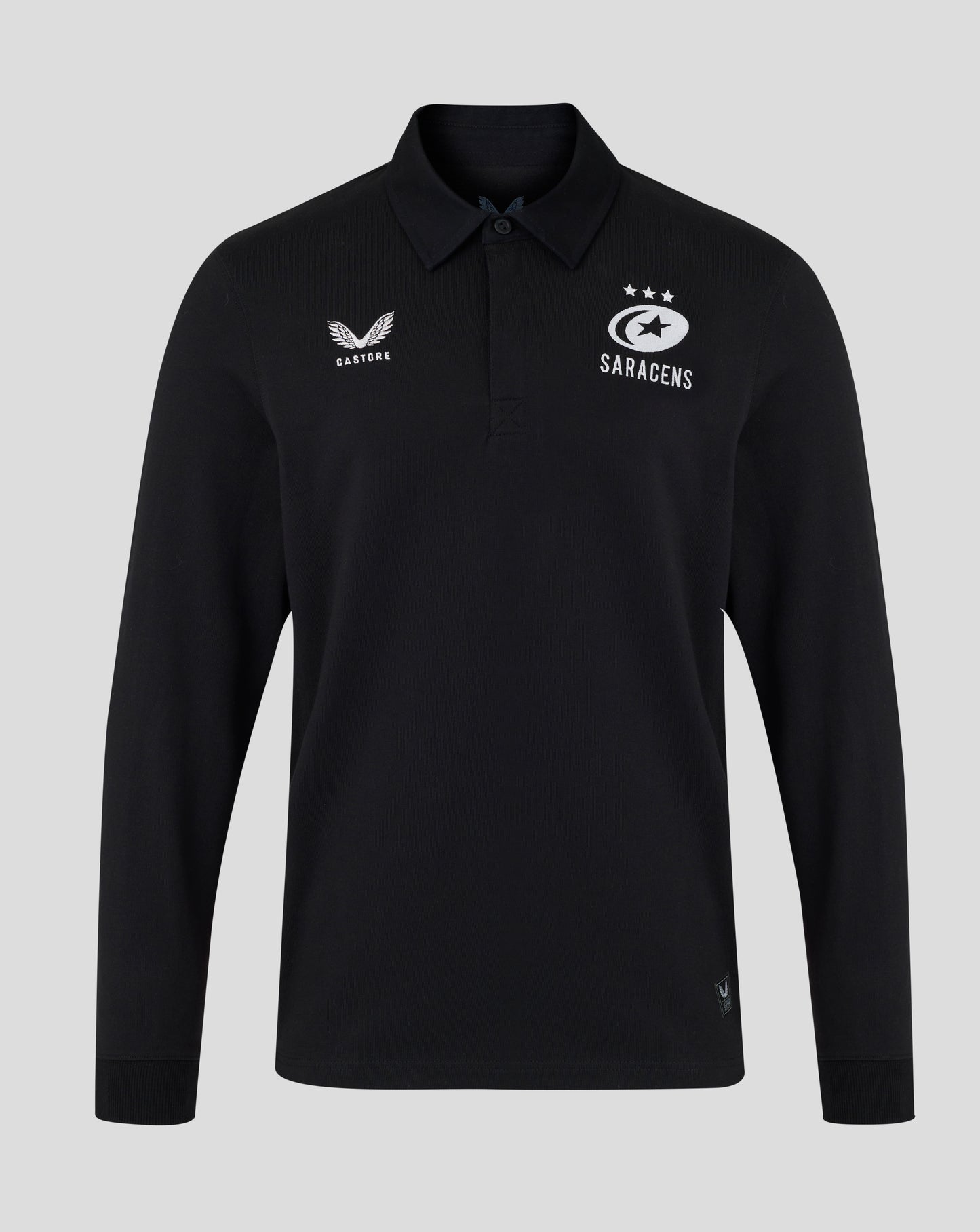 Black long-sleeve polo shirt with logos on a gray background