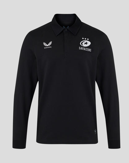 Black long-sleeve polo shirt with logos on a gray background