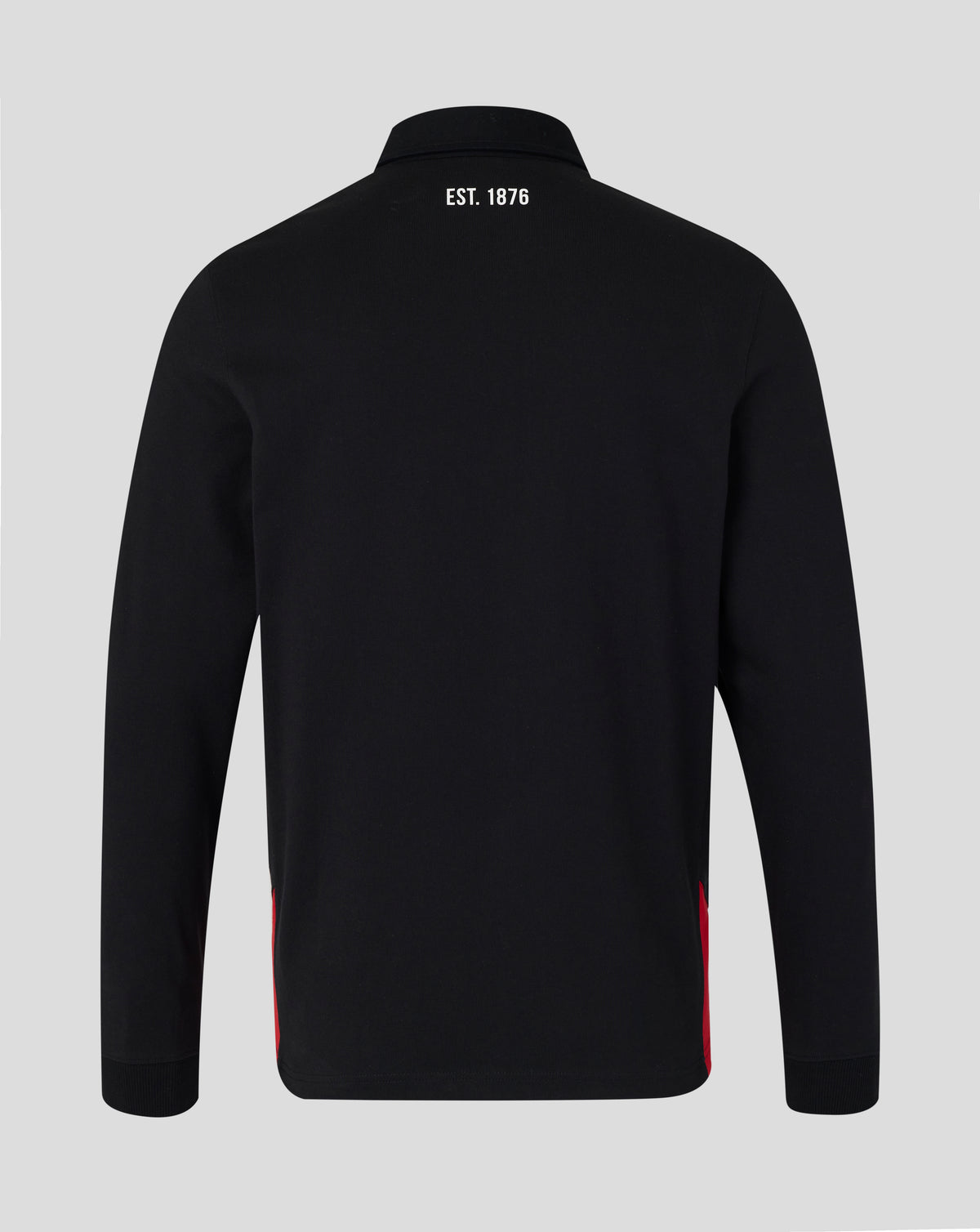 Black jacket with red accents on a gray background