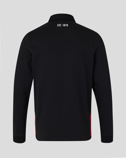 Black jacket with red accents on a gray background
