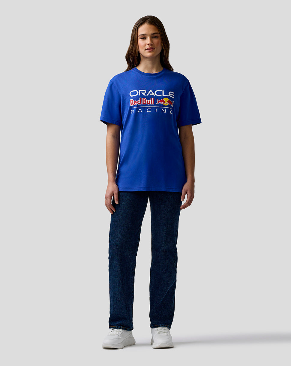 Person wearing a blue Oracle Red Bull Racing t-shirt on a white background