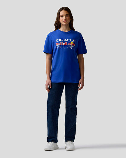 Person wearing a blue Oracle Red Bull Racing t-shirt on a white background