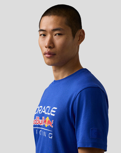 Person wearing a blue t-shirt with Oracle Red Bull Racing logo on a gray background