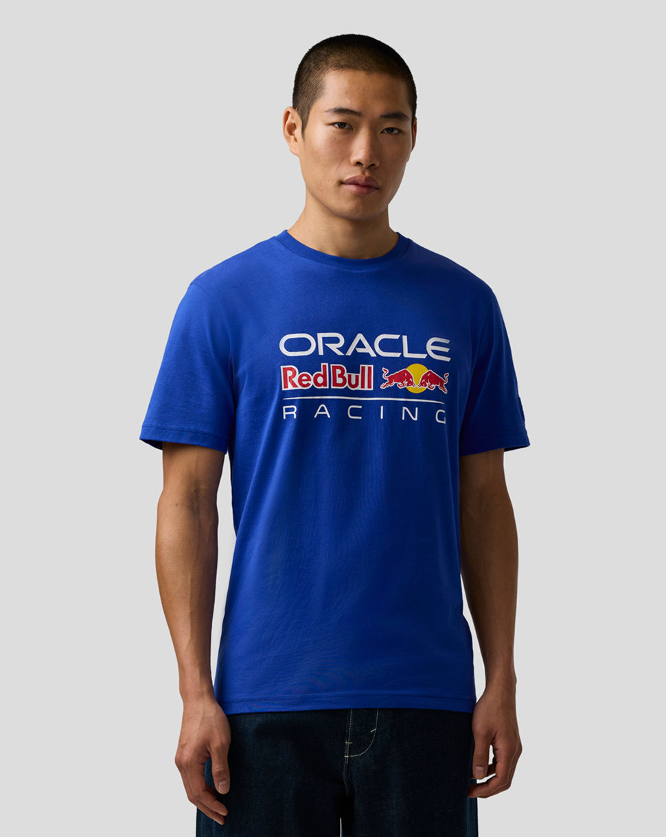 Person wearing a blue 'Oracle Red Bull Racing' t-shirt on a plain background