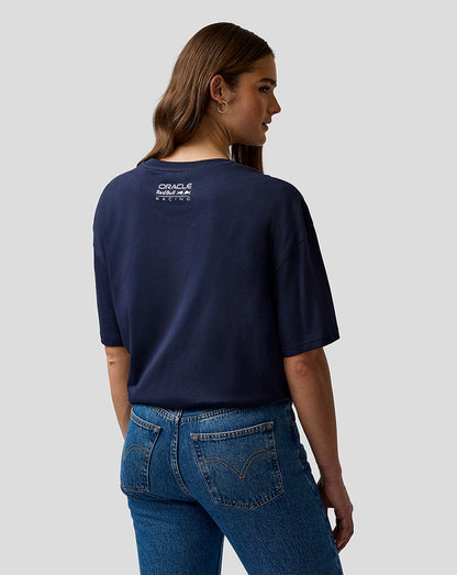 Person wearing a navy blue t-shirt with a logo on the back, standing against a plain background