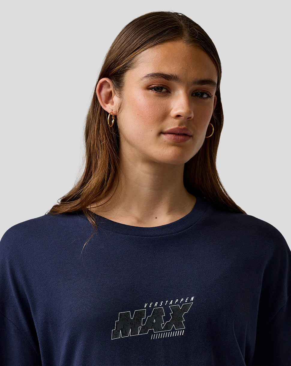 Person wearing a navy blue sweatshirt with 'MAX' logo on a plain background