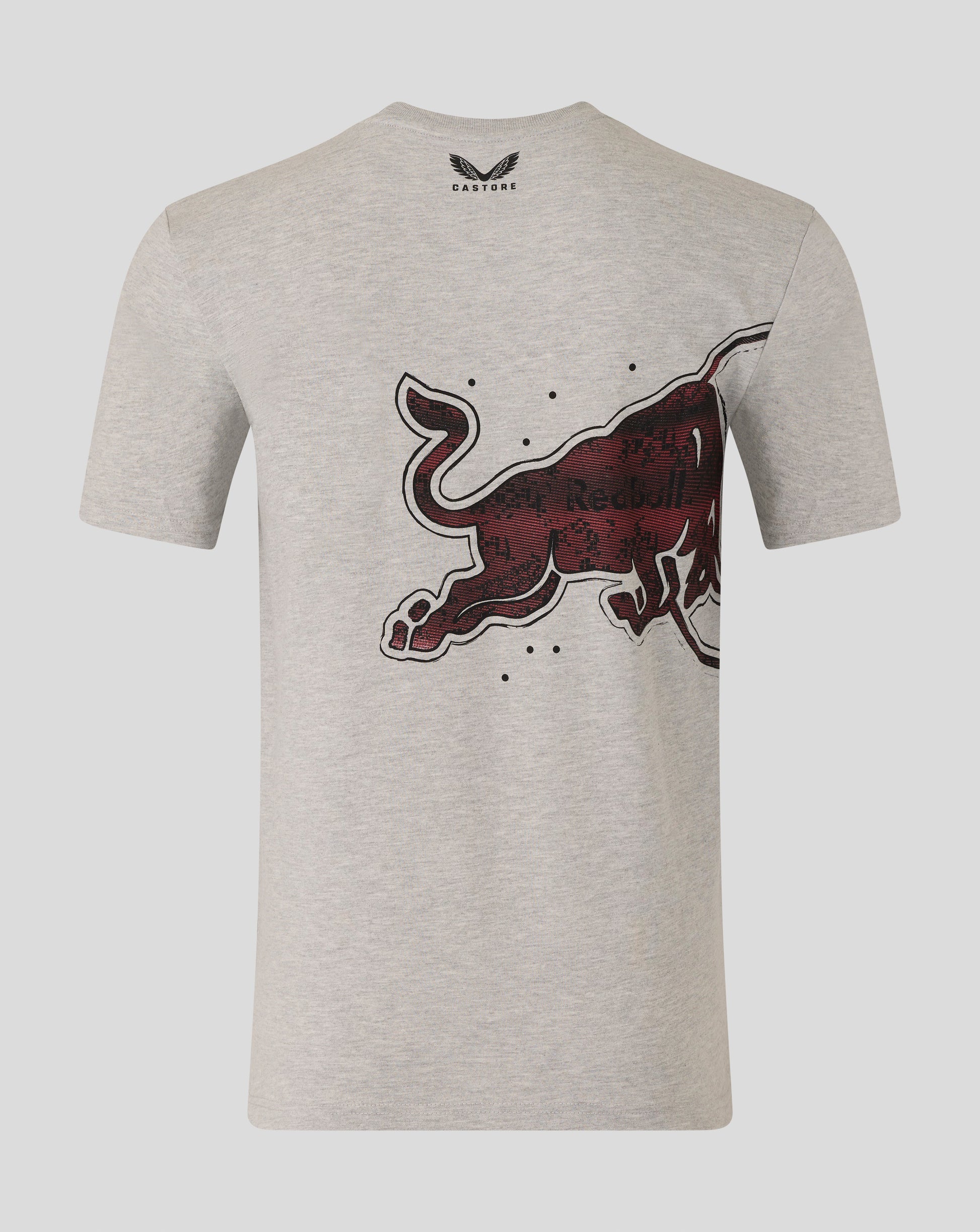 Gray t-shirt with a red and black graphic on a light gray background