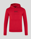 Red hoodie with a brand logo on a light gray background