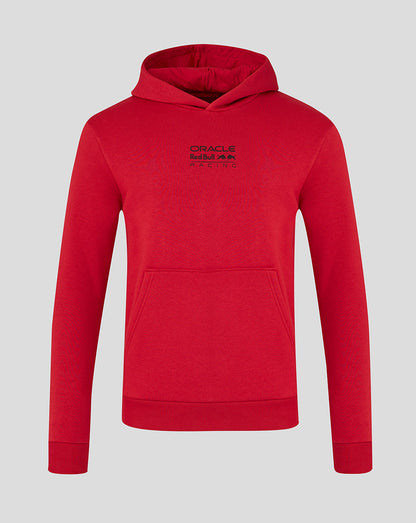 Red hoodie with a brand logo on a light gray background