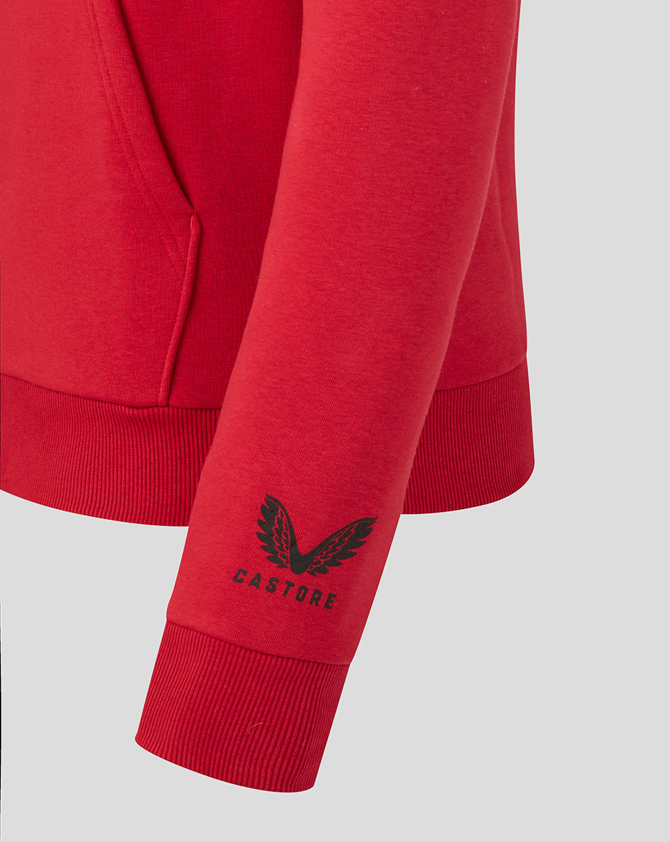 Red sweatshirt sleeve with a black logo and text on a light gray background