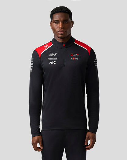 Person wearing a black long-sleeve shirt with red and white accents on a gray background