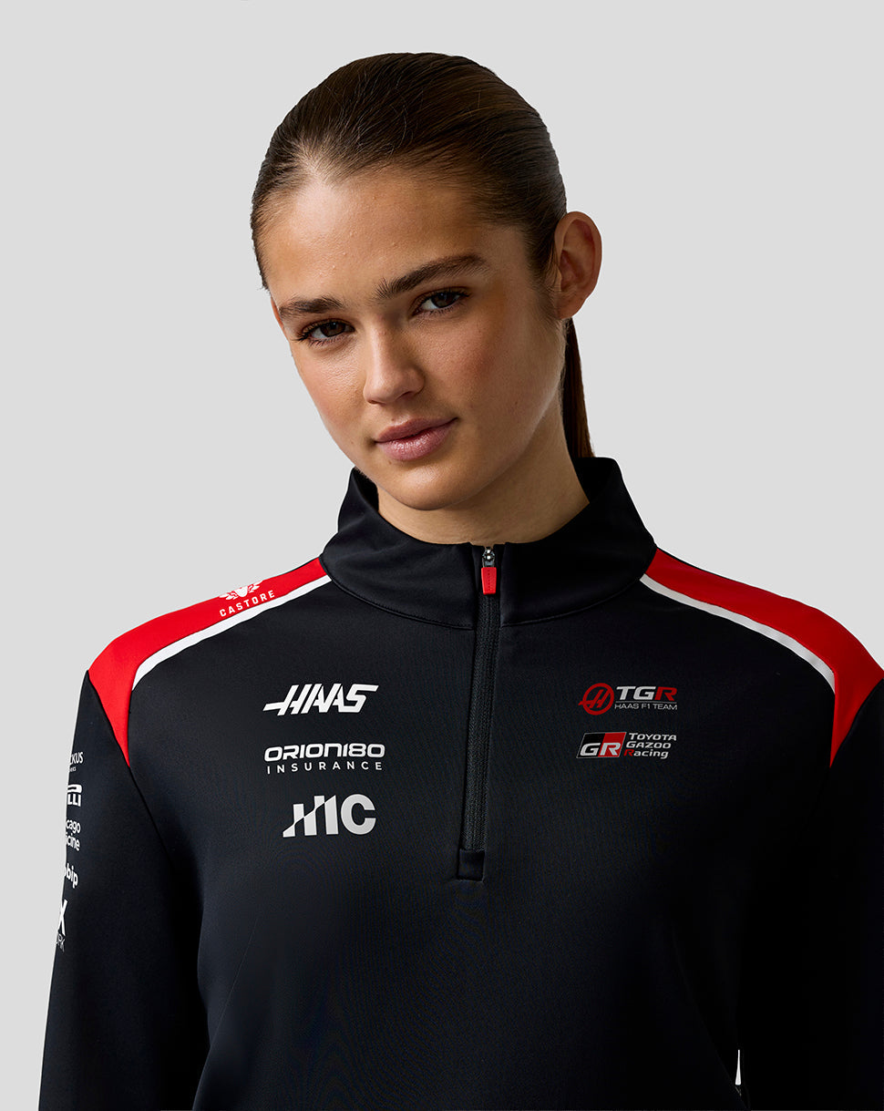 Person wearing a black quarter zip with various logos on a gray background