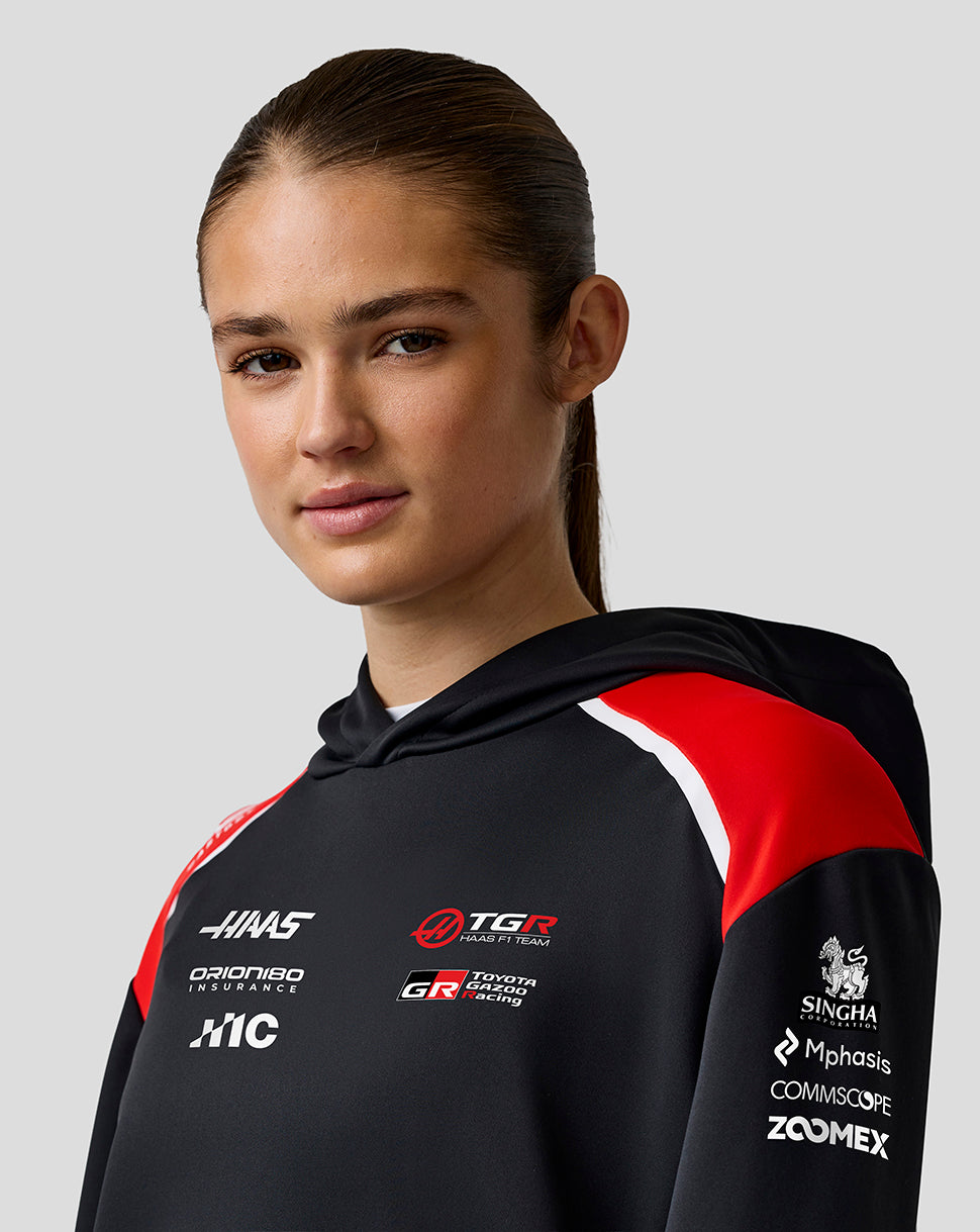 Person wearing a black hoodie with various logos on a gray background