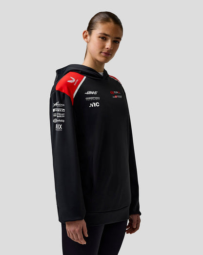 Person wearing a black hoodie with various logos on a light gray background