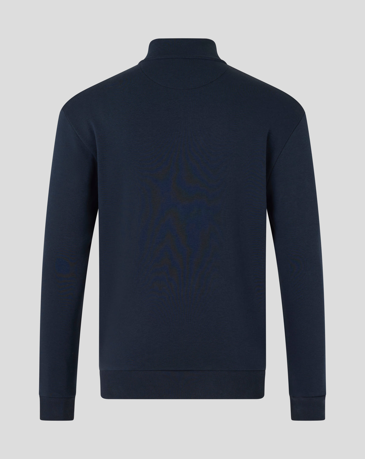 Back view of navy travel sweatshirt with high collar and ribbed hem