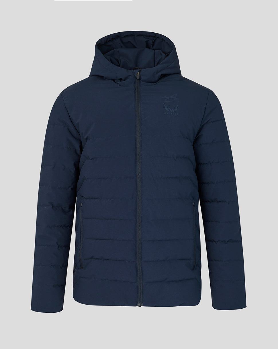 Navy BWT Alpine Travel Collection puffer jacket with hood and Alpine A logo plus Castore branding on left chest
