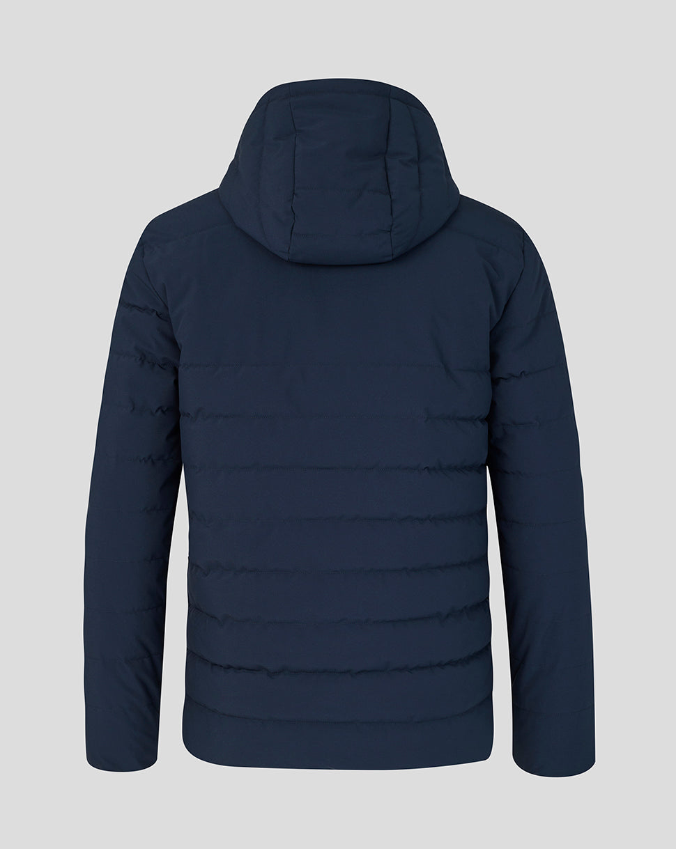 Back view of navy BWT Alpine Travel Collection puffer jacket with hood
