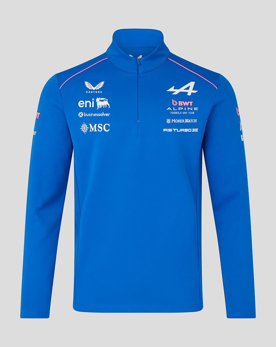 Front view of blue Official Unisex BWT Alpine Formula One Team quarter zip midlayer with sponsor logos on chest and pink piping