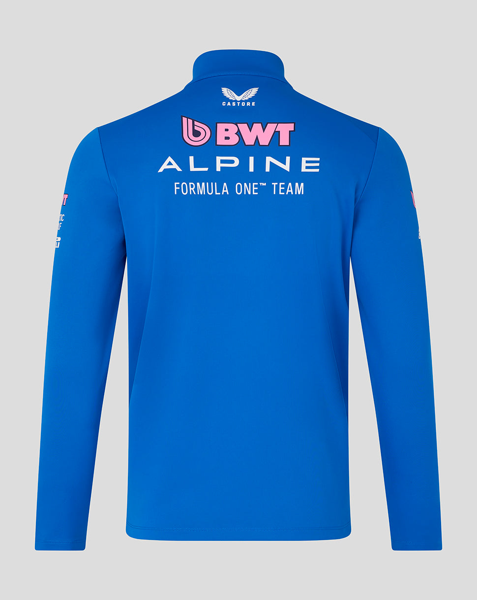 Back view of blue Official Unisex BWT Alpine Formula One Team quarter zip midlayer with large back logos