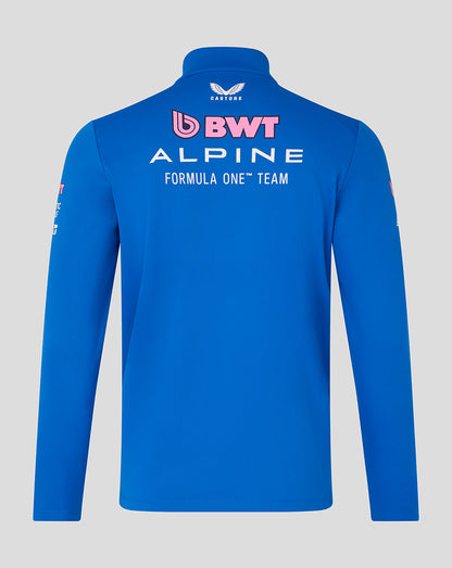 Back view of blue Official Unisex BWT Alpine Formula One Team quarter zip midlayer with large back logos