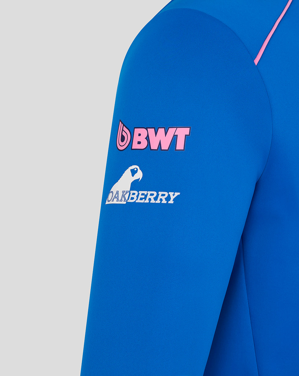 Blue midlayer shoulder area with pink piping and BWT Oakberry sponsor logos.