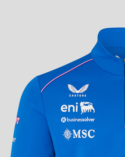 Blue midlayer chest with Castore eni businesssolver and MSC logos and pink shoulder piping.