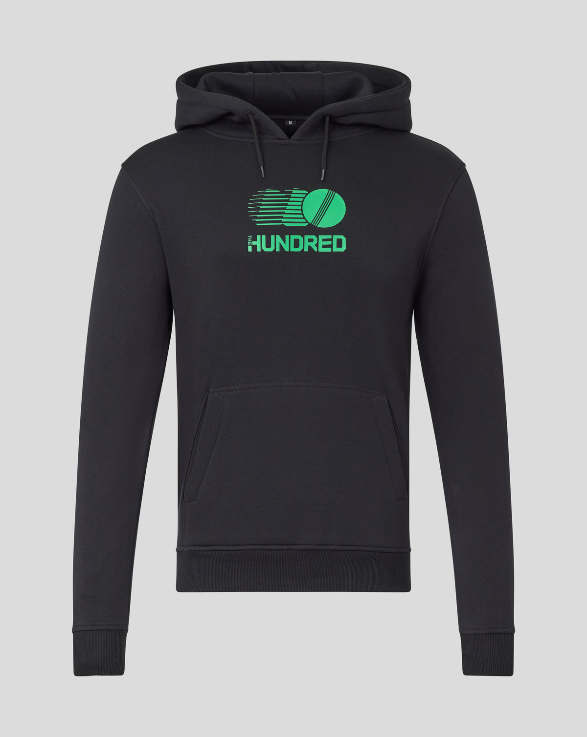 Black hoodie with neon green The Hundred graphic on the chest showing a cricketer and motion lines