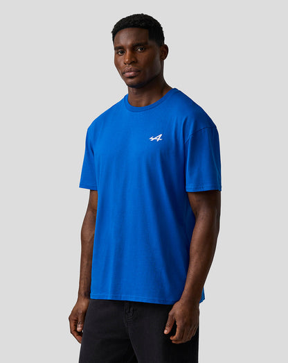 Front view of unisex relaxed fit lapis blue T-shirt with embroidered A logo on left chest.