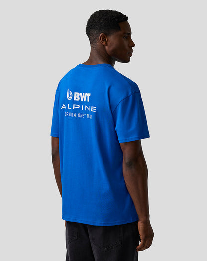 Back view of a lapis blue relaxed fit T-shirt showing large BWT Alpine logo on the back.